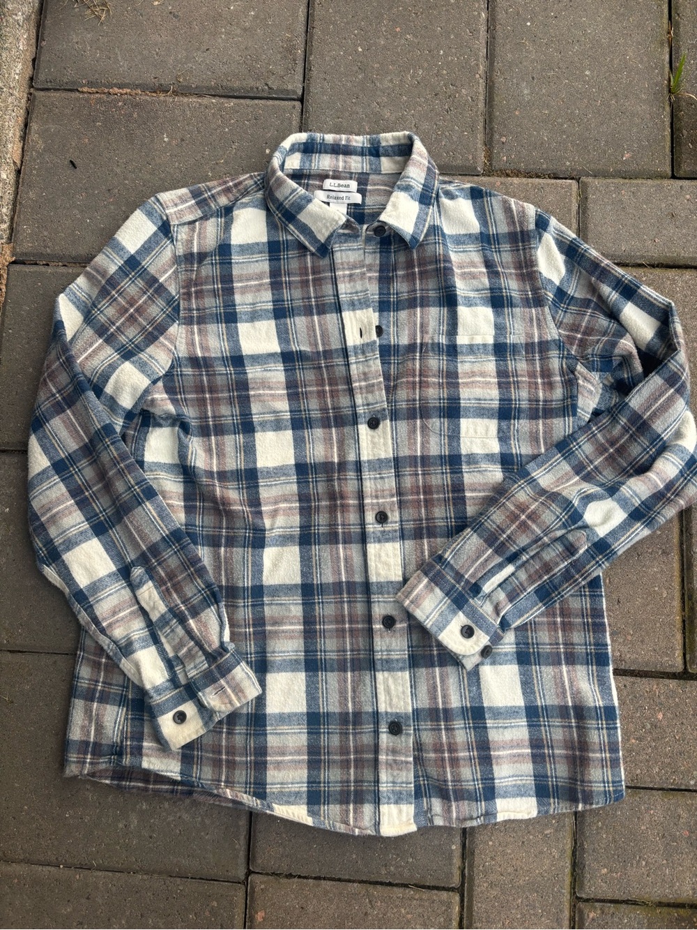 L.L. Bean Blue & Brown Plaid 100% Cotton Flannel Shirt - Men Small